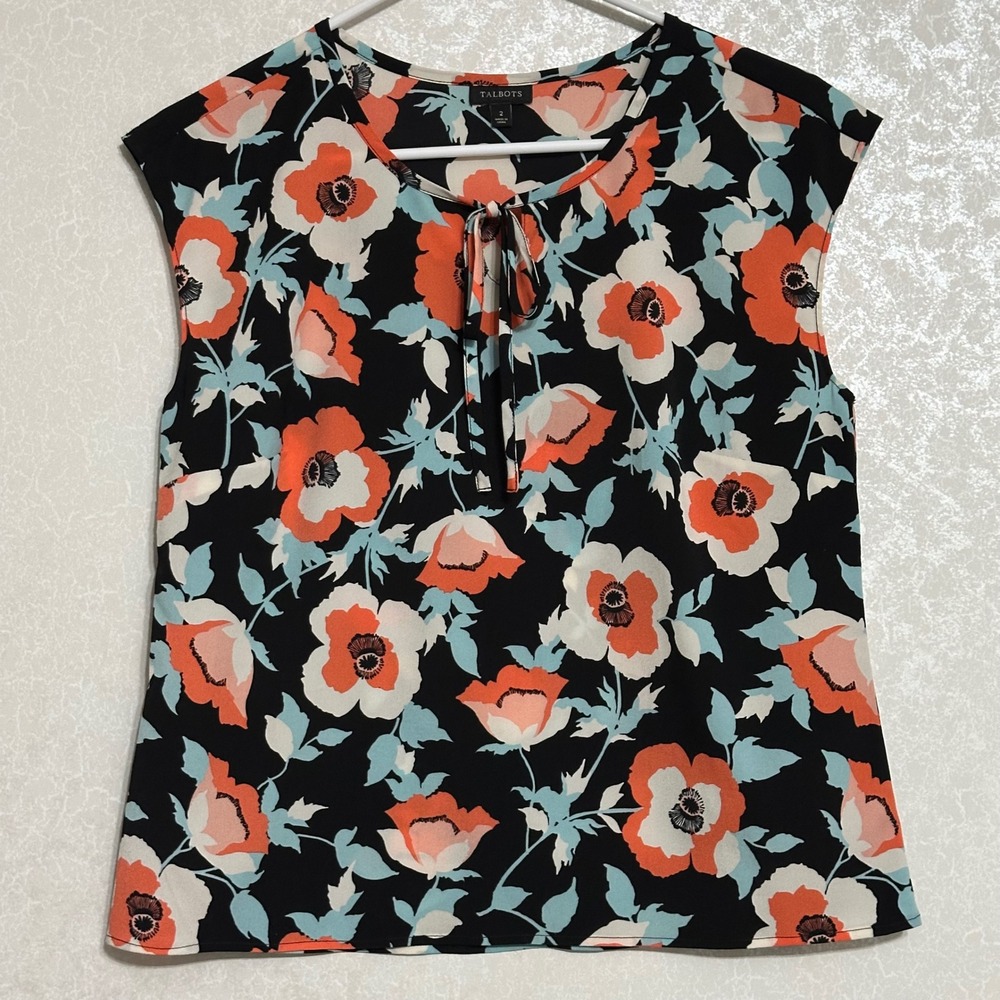 Talbots Orange White Poppy Floral‎ Print Black Sleeveless Blouse Tie Neck Sz 2